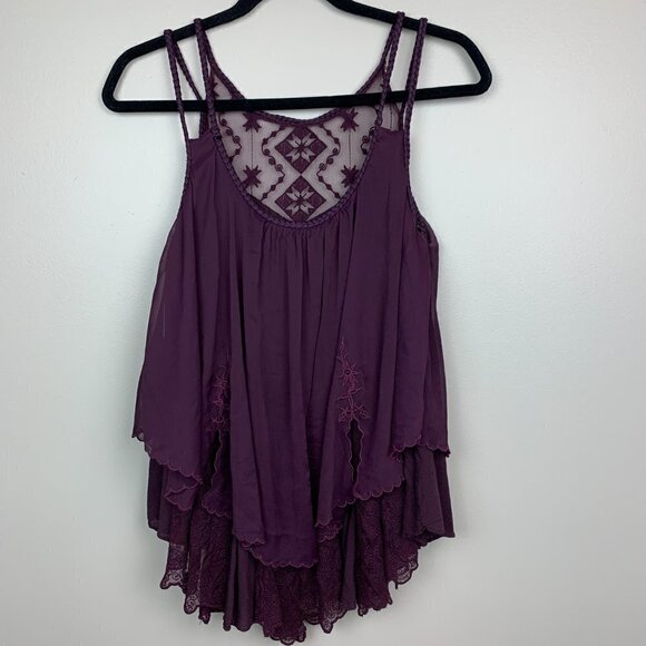 Free People Lace & Mesh Flowy and Layered Burgundy Tank Top Size Small - Picture 3 of 6